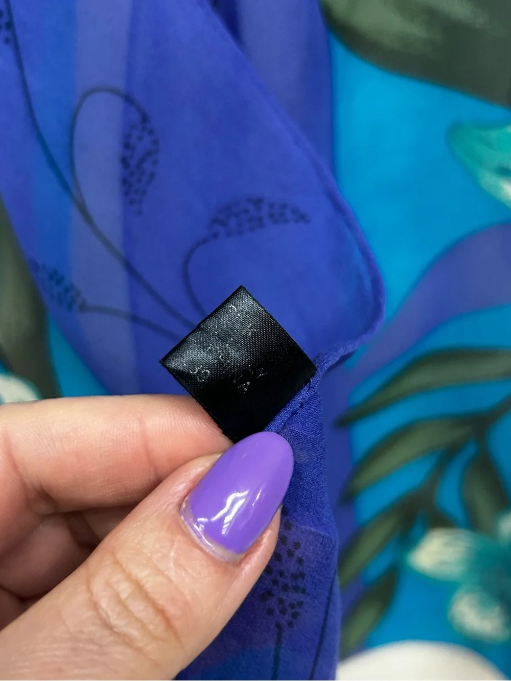 Vintage Silk Floral Oblong Scarf Blue Purple Tropical Flower Sheer